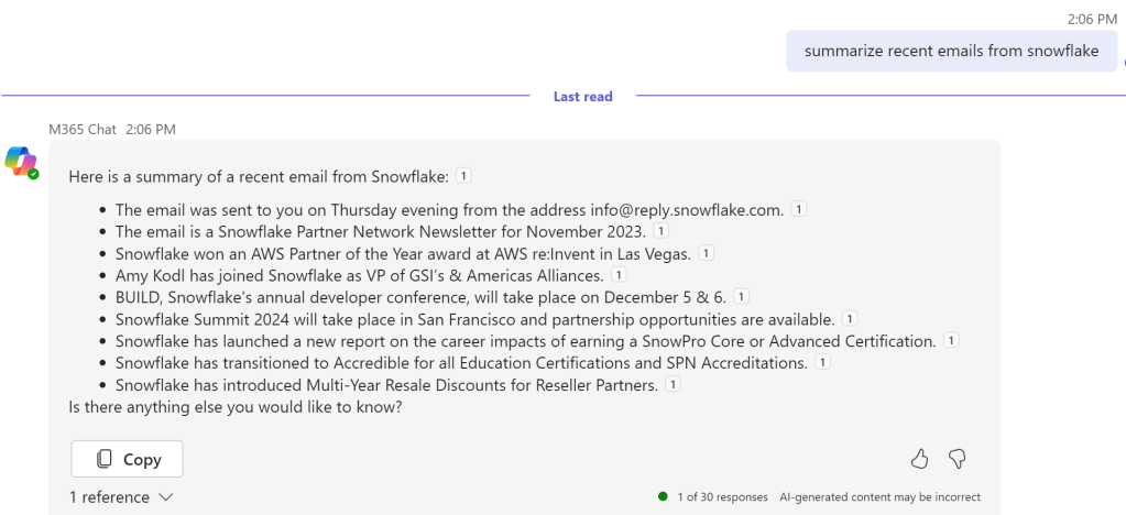 Prompt to M365 Chat: Summarize recent emails from Snowflake.  The chat responded with a list of recent emails in summary form.