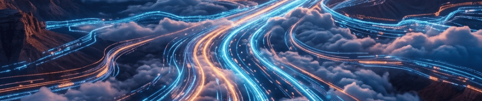 Glowing blue and orange pathways winding through clouds toward a sunset
